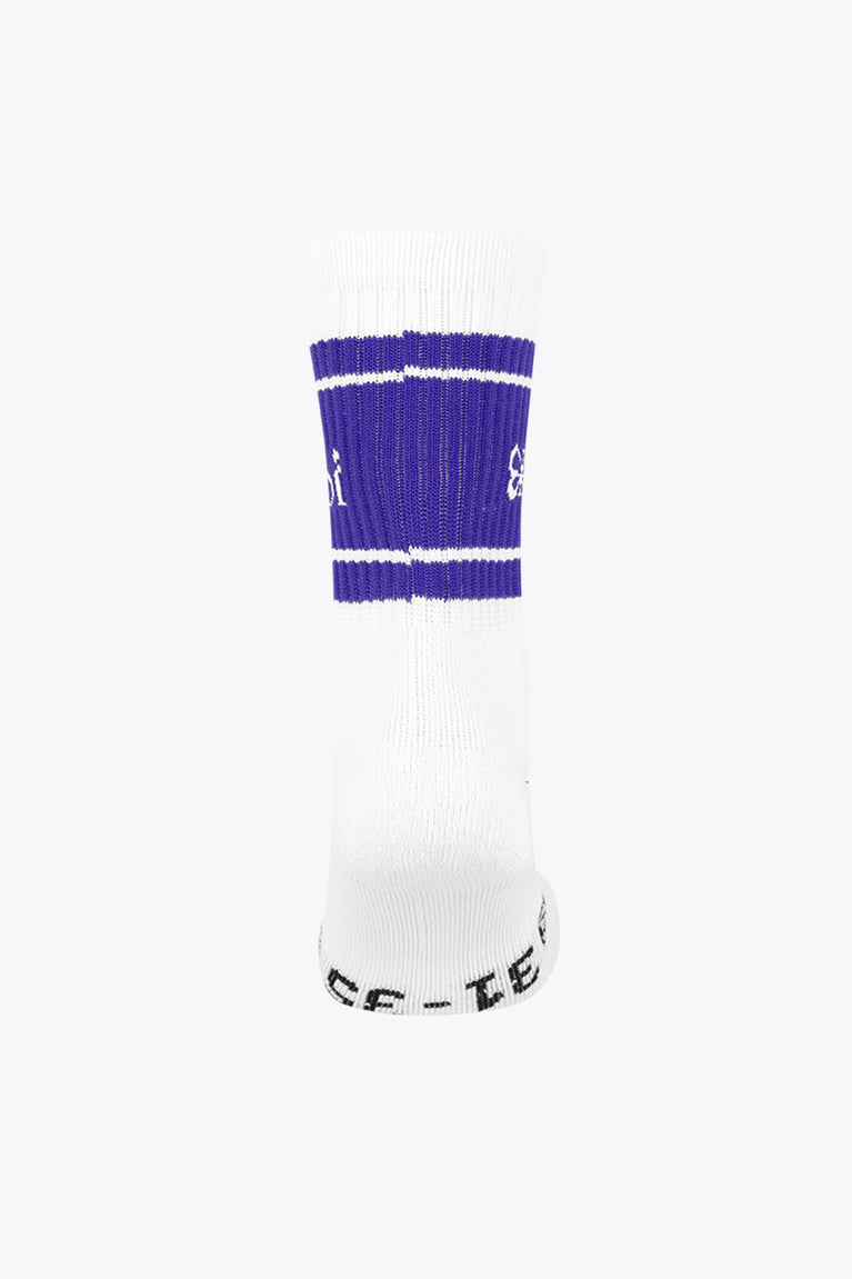 Single white sport sock with purple striped cuff and ribbed top