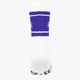 Single white sport sock with purple striped cuff and ribbed top
