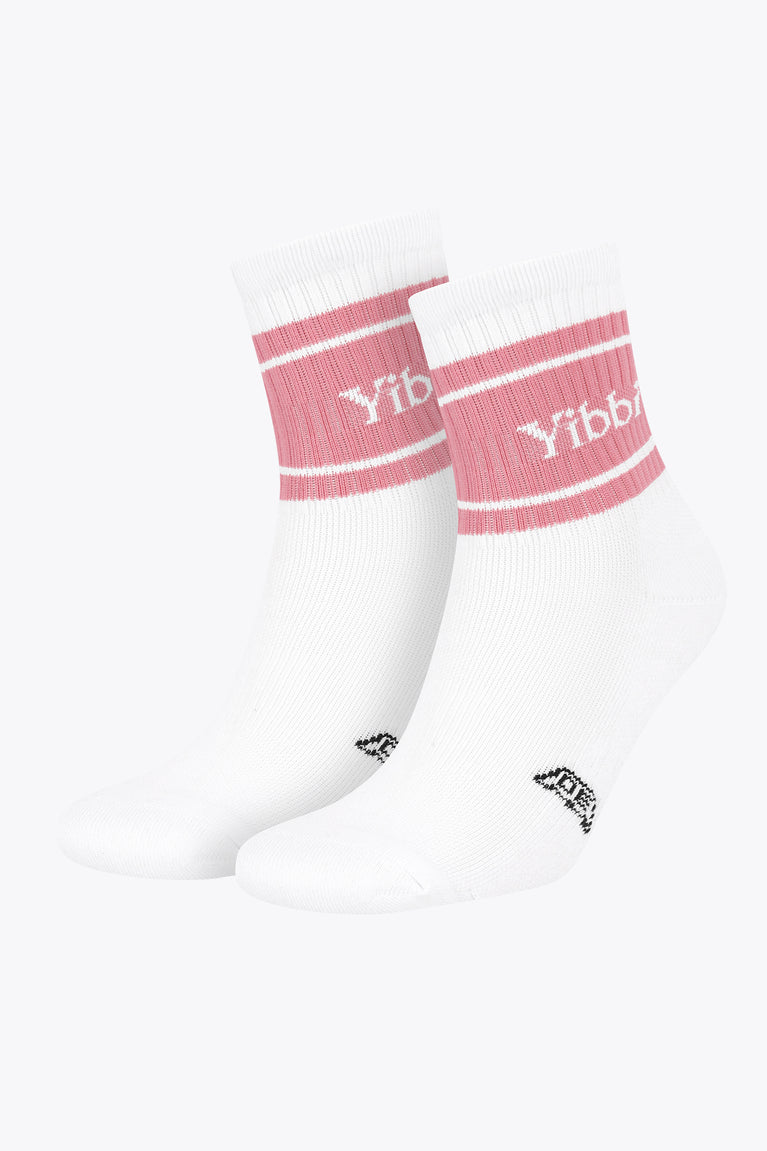 Yibbi sport socks, white with pastel pink striped cuffs and logo on ankle