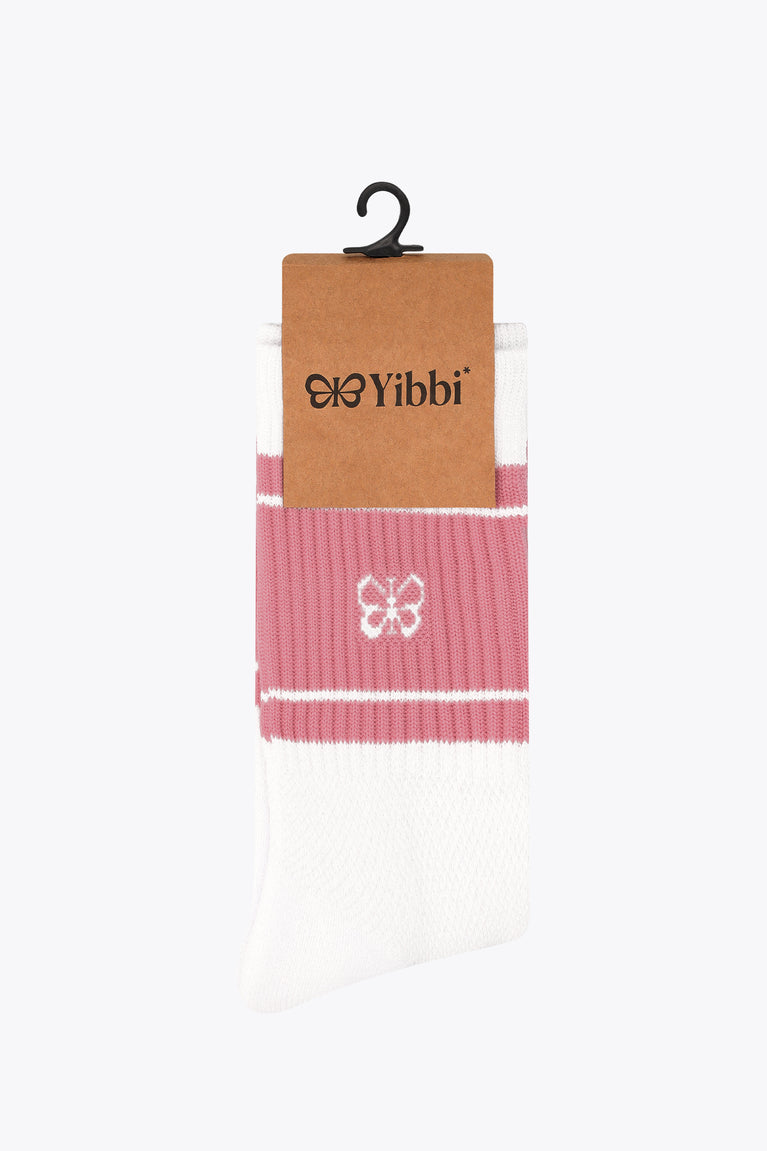 Yibbi sport socks on hanger, white with pastel pink stripe cuff and flower emblem