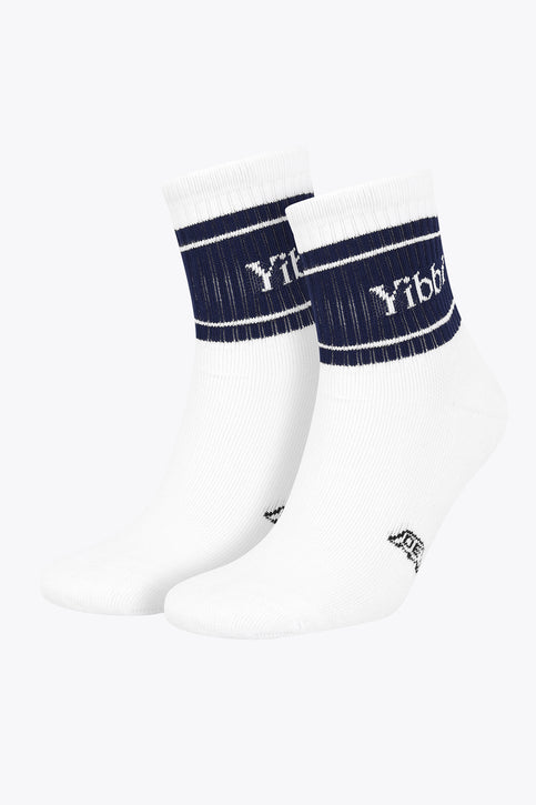 Pair of Yibbi navy-and-white sport socks with striped cuff and logo at ankle