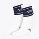 Pair of Yibbi navy-and-white sport socks with striped cuff and logo at ankle