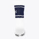 Single Yibbi navy sport sock with striped cuff and small heel graphic
