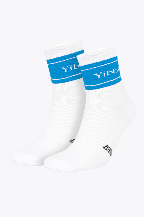 Light blue sport socks, ribbed crew style with Yibbi logo bands at the cuff