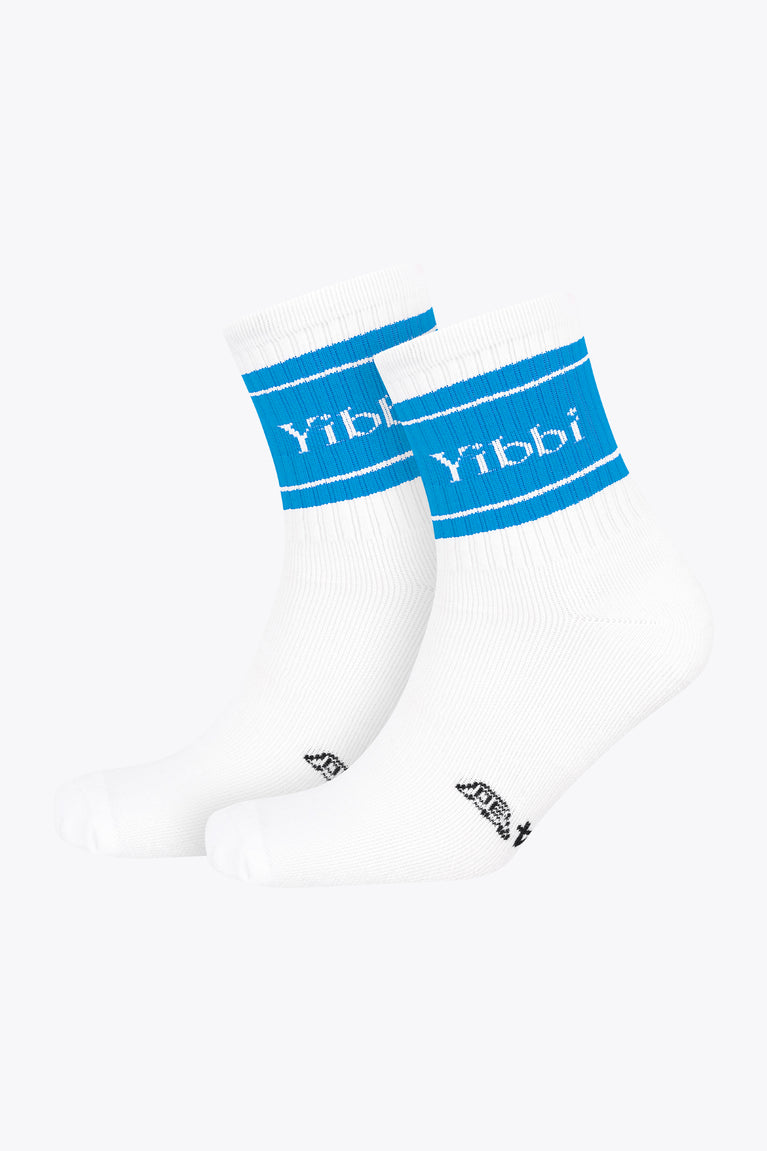 Pair of light blue crew sport socks with Yibbi logo on cuffs and small foot icons