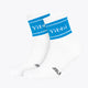 Pair of light blue crew sport socks with Yibbi logo on cuffs and small foot icons