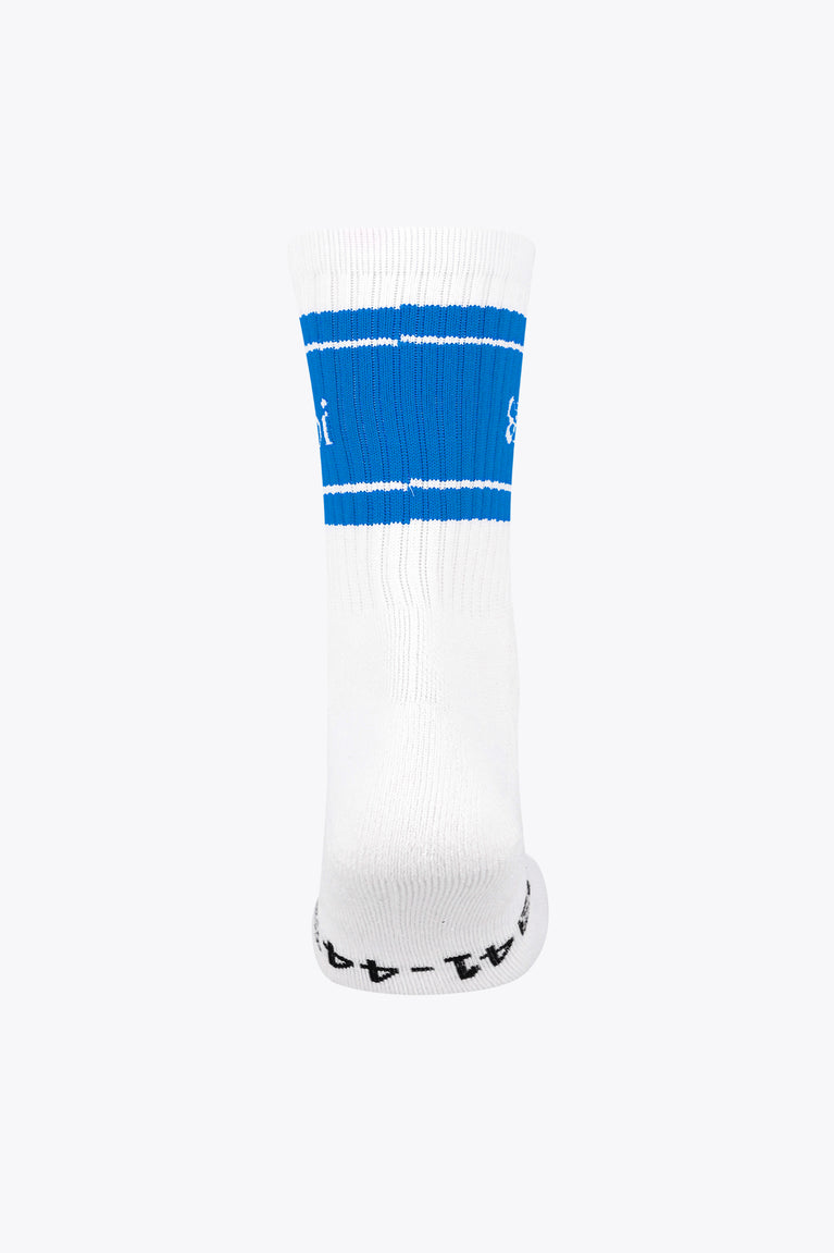 Light blue crew sport sock with two wide blue cuff stripes and ribbed knit texture