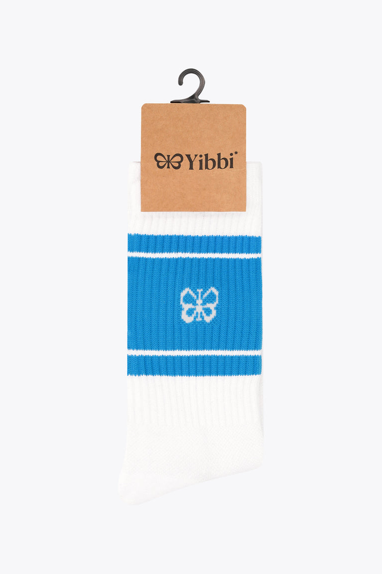 Yibbi sport socks package, light blue striped crew socks on hanger with logo emblem