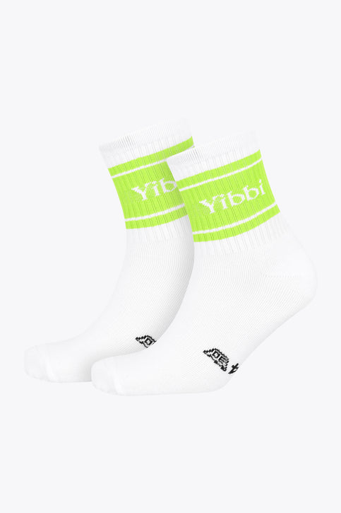 Yibbi sport socks, white with fluo green stripes and Yibbi logo on cuffs