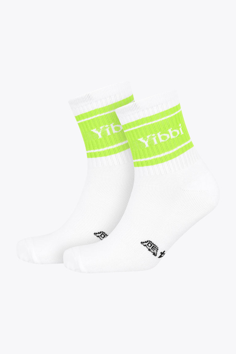 Yibbi sport socks, white with fluo green cuff stripes and small black icons