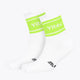 Yibbi sport socks, white with fluo green cuff stripes and small black icons