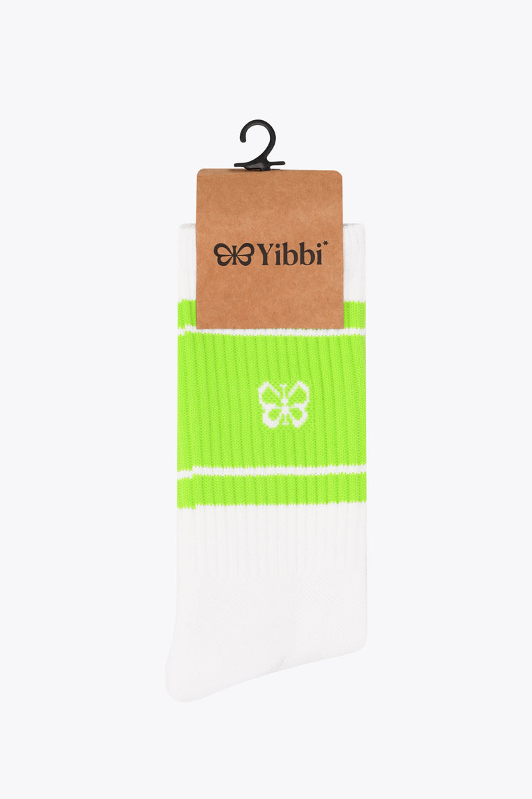 Yibbi sport socks in packaging, white with fluo green striped cuffs