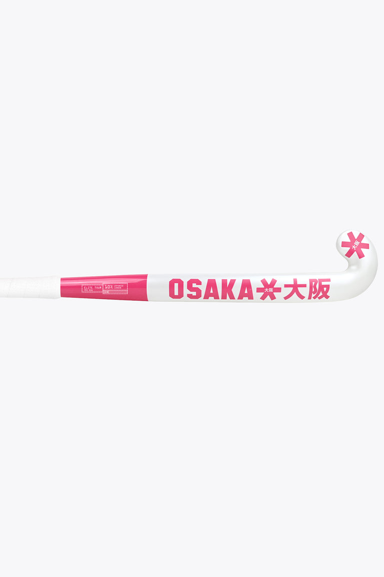 Raspberry field hockey stick shaft with printed lettering and star accents
