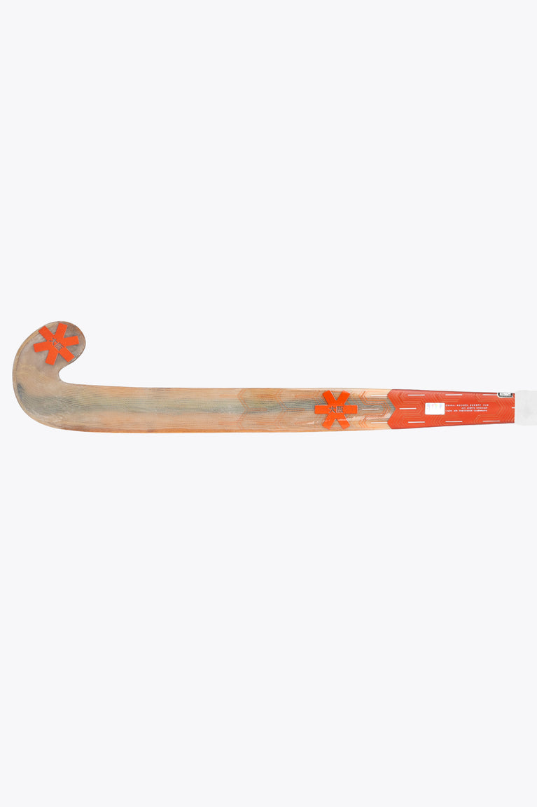 Indoor hockey stick side profile, wood-toned blade with orange grip area