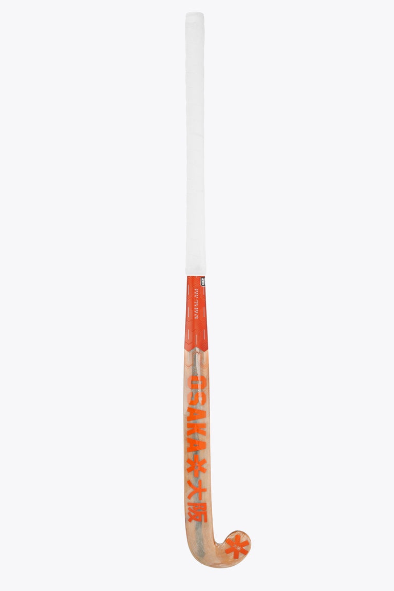 Indoor hockey stick blade with orange branding and wood-colored curved face