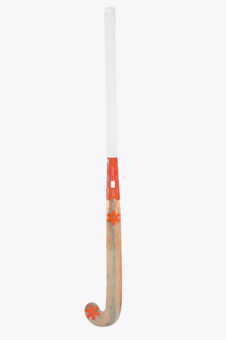 Indoor hockey stick with wood-toned blade and orange graphic section