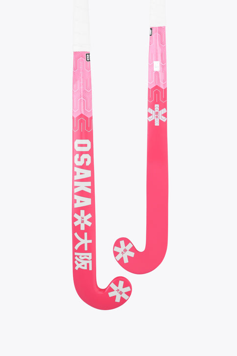 Hot pink indoor hockey stick face view with Osaka text and patterned graphics