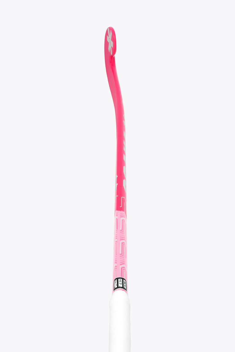 Hot pink indoor hockey stick shaft with grip markings and white end cap