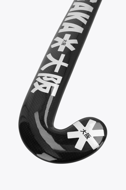 Indoor hockey stick with black shaft and curved pro bow blade, size 25