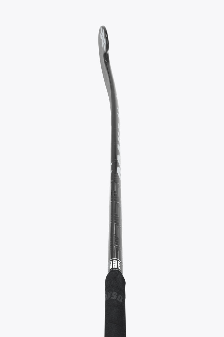 Indoor hockey stick with straight black shaft and printed branding near the handle