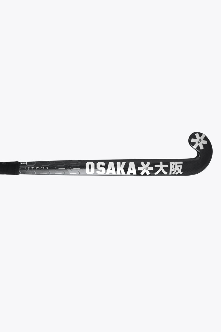 Indoor hockey stick with black shaft labeled OSAKA and rounded pro bow blade