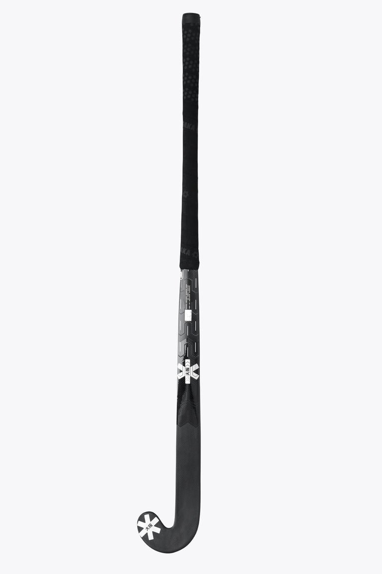 Indoor hockey stick standing view, black blade with star logo and white graphics