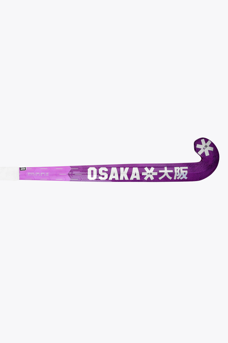 Indoor hockey stick side view, purple blade and OSAKA text on shaft