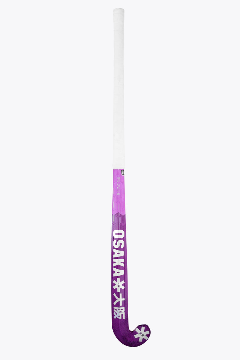 Indoor hockey stick with white shaft; OSAKA text on purple lower grip