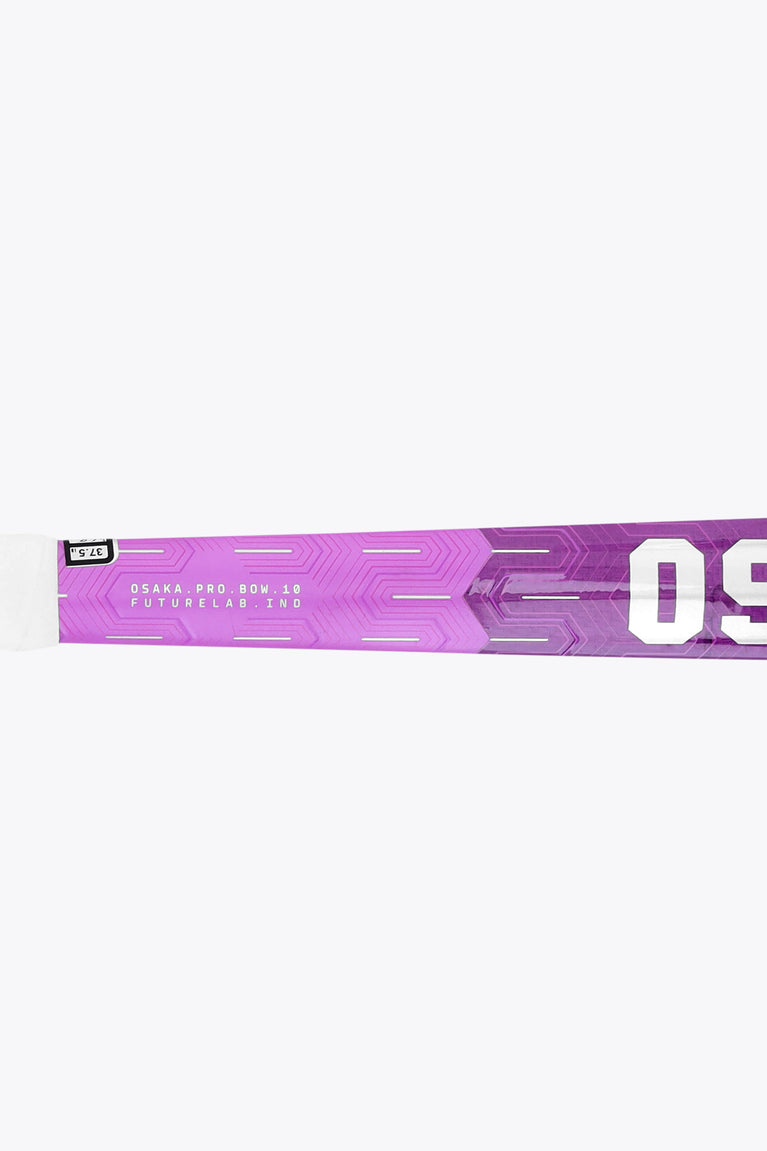 Indoor hockey stick shaft close-up, purple graphics and OSAKA logo