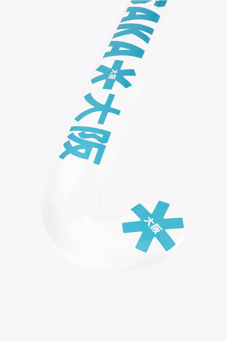 Blue and white indoor hockey stick blade with Osaka text and star graphics