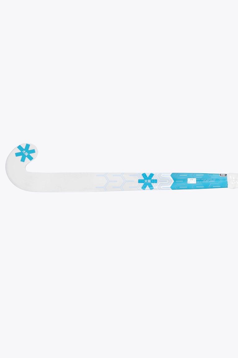 Indoor hockey stick blade and back with blue star graphics along the face