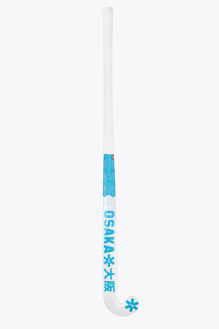 Blue Topaz indoor hockey stick with Osaka text on the curved blade tip