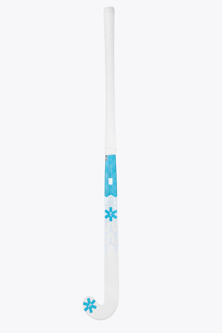 Indoor hockey stick shaft with blue star marks and clear white blade