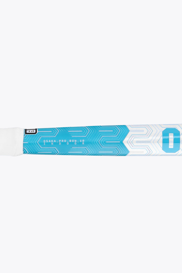 Indoor hockey stick with blue geometric pattern stripe and Osaka branding label
