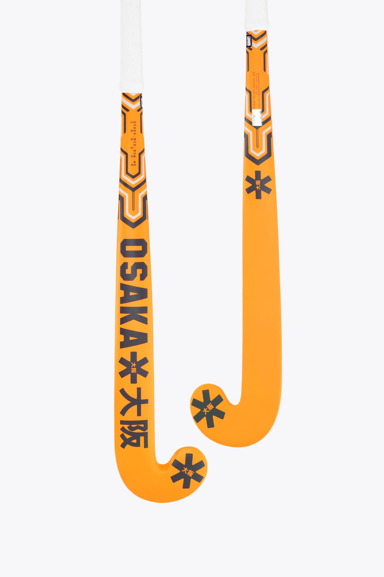 Orange indoor hockey stick showing curved blade and shaft with Osaka graphic print