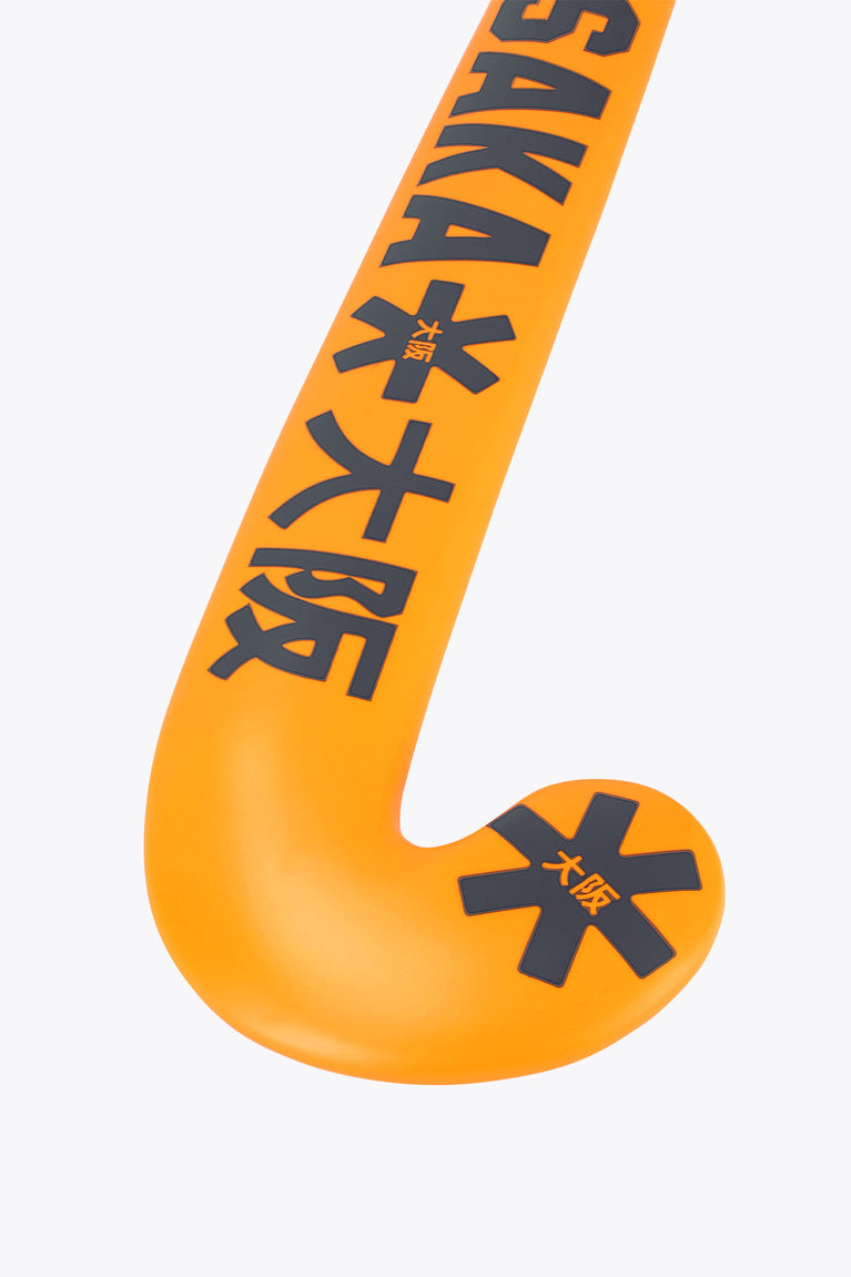 Orange indoor hockey stick blade with Osaka text and black graphic icons
