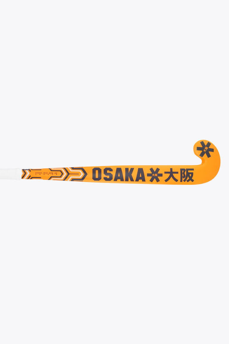 Orange indoor hockey stick blade-to-shaft side with Osaka branding and icon marks
