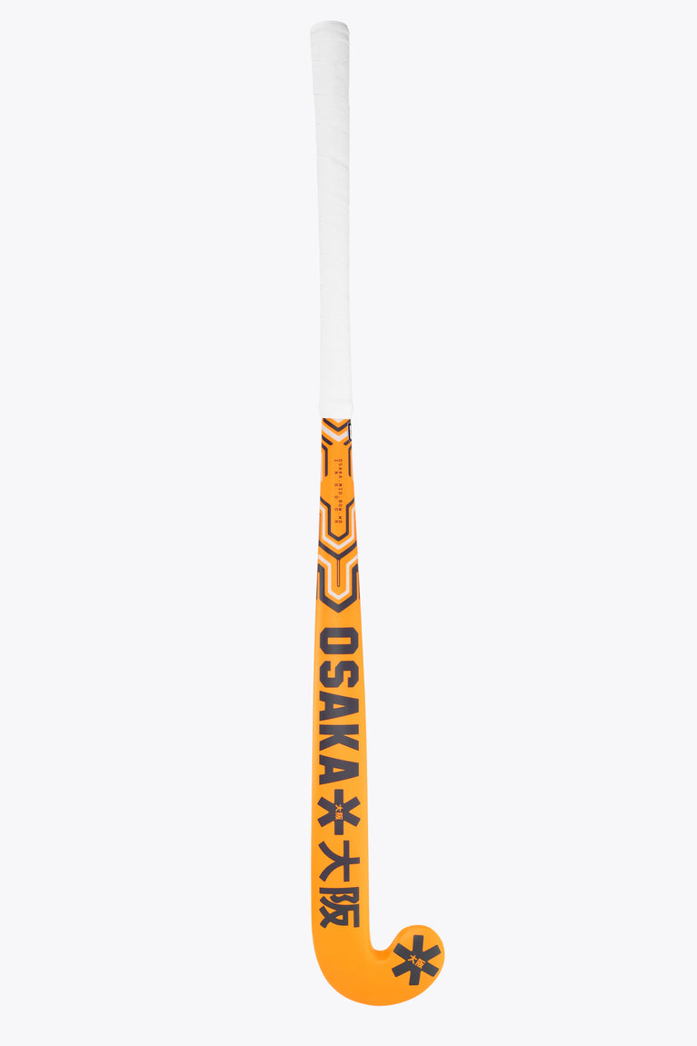 Orange indoor hockey stick with Osaka text on the shaft and black symbol icons