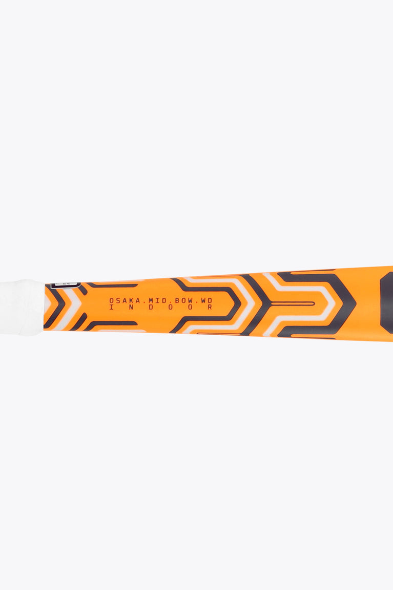 Orange indoor hockey stick shaft close-up with Osaka Mid Bow WD branding