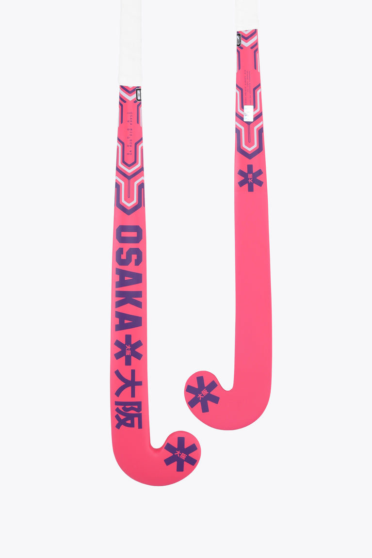 Hot pink indoor hockey stick with mid bow and patterned shaft, curved toe tip