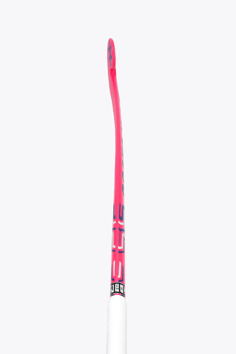 Hot pink indoor hockey stick handle end with branding band and smooth clear grip