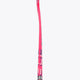 Hot pink indoor hockey stick handle end with branding band and smooth clear grip
