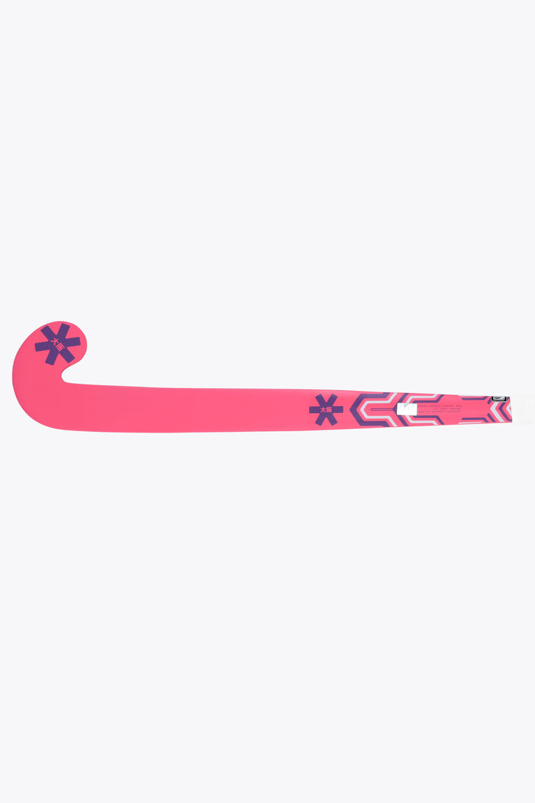 Hot pink indoor hockey stick showing long shaft and rounded toe with star-style marks