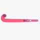 Hot pink indoor hockey stick showing long shaft and rounded toe with star-style marks