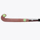 Field hockey stick with dark brown low-bow head and lime graphics, black grip.