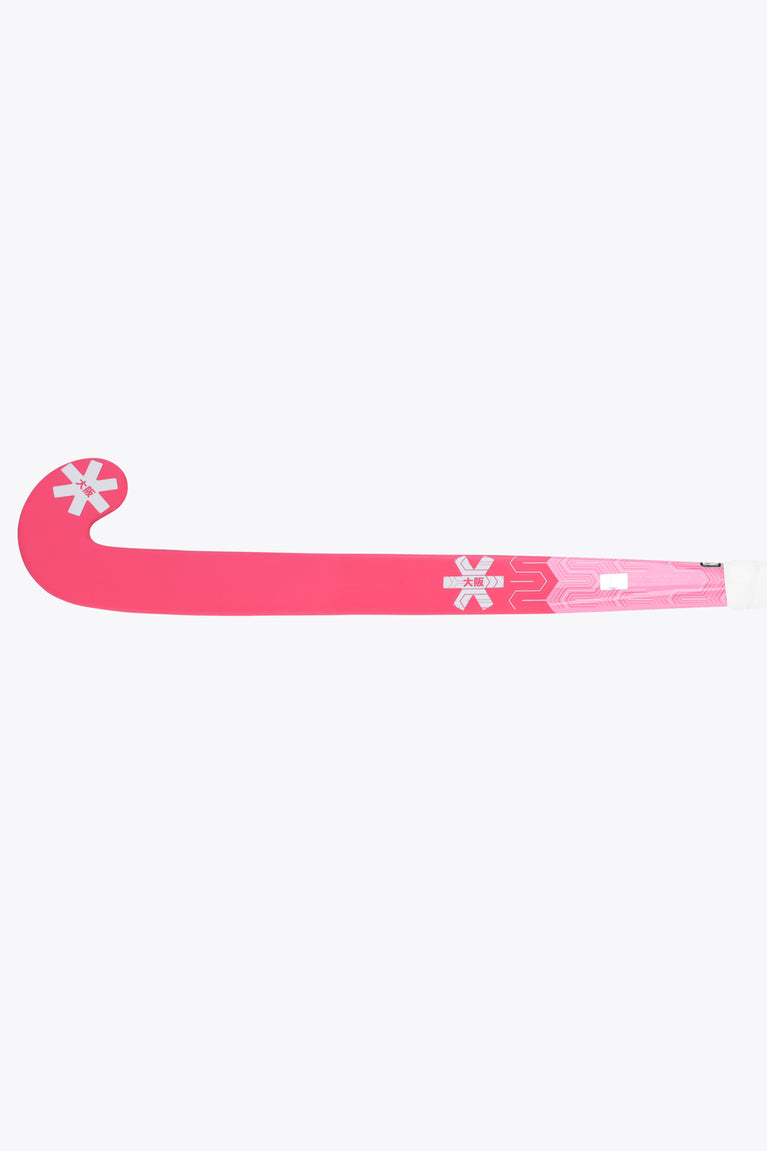 Hot pink field hockey stick blade with angled face and Osaka graphics