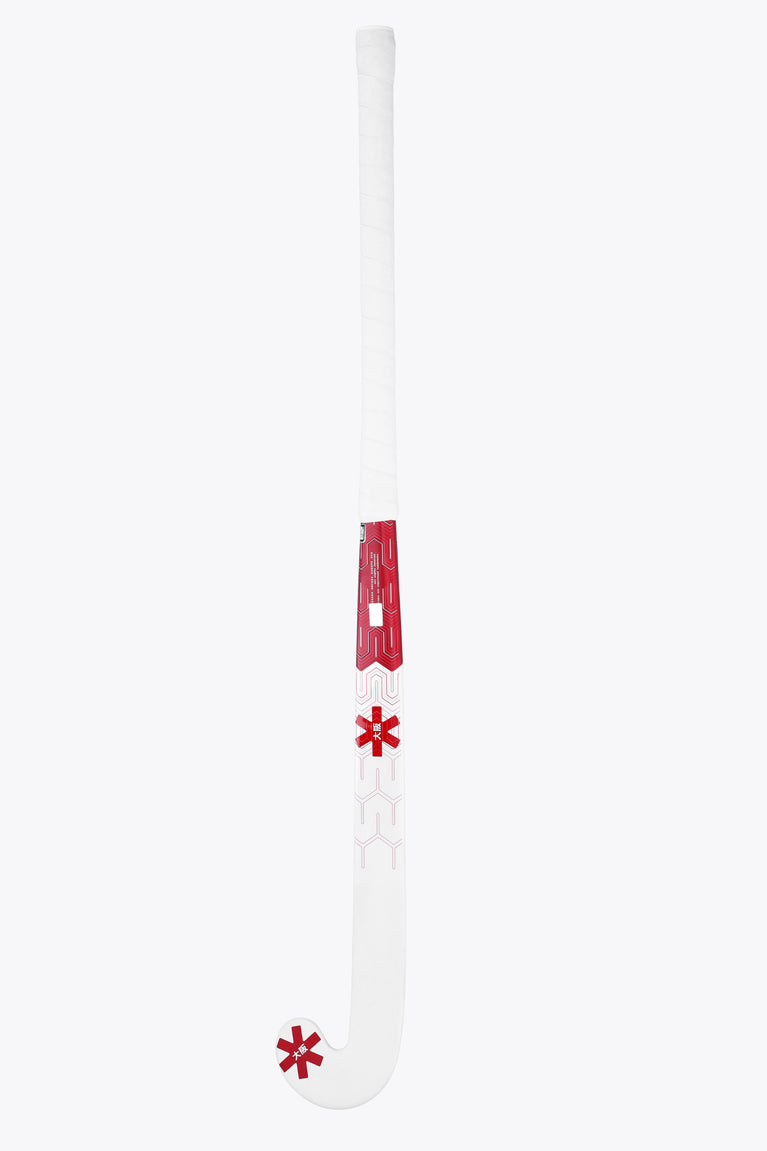 Osaka field hockey stick, hot pink and white with star symbol on curved end.