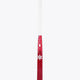 Hot pink field hockey stick shaft with white grip and dark pink curved blade tip