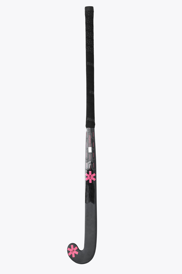 Black field hockey stick with hot pink star on the curved blade