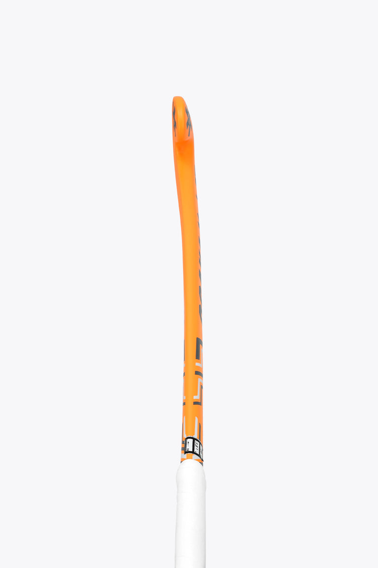 Orange field hockey stick handle with white grip end and Osaka branding